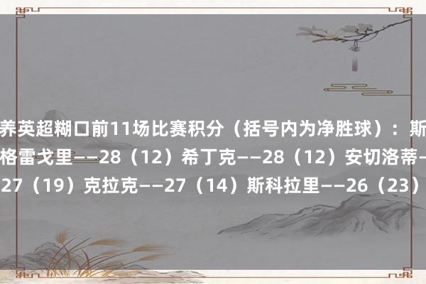 教养英超糊口前11场比赛积分（括号内为净胜球）：斯洛特——28（15）约翰-格雷戈里——28（12）希丁克——28（12）安切洛蒂——27（20）萨里——27（19）克拉克——27（14）斯科拉里——26（23）穆里尼奥——26（13）波斯特科格鲁——26（10）科曼——25（18）体育录像/图片